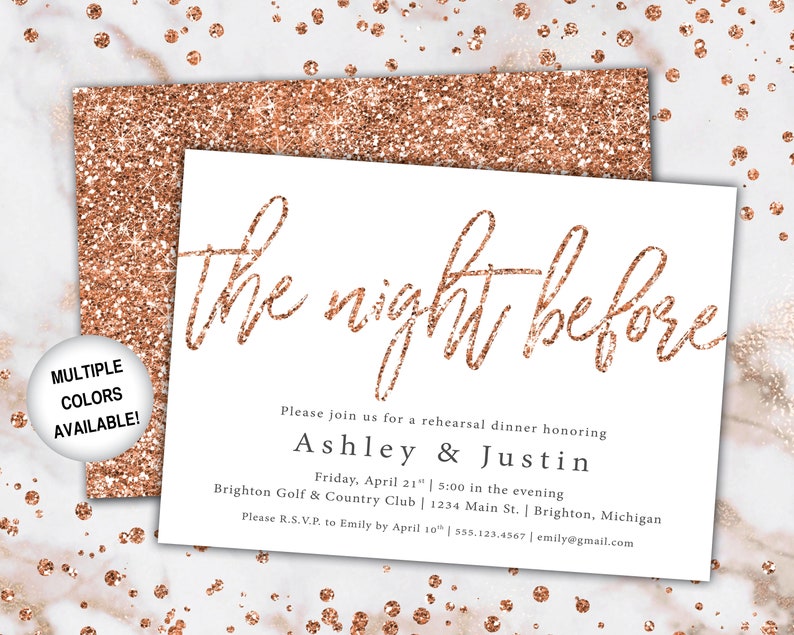 Rose Gold Rehearsal Dinner Invitation Rehearsal Dinner Invitation Template Rose Gold The Night Before Rehearsal Invitation Glitter image 1