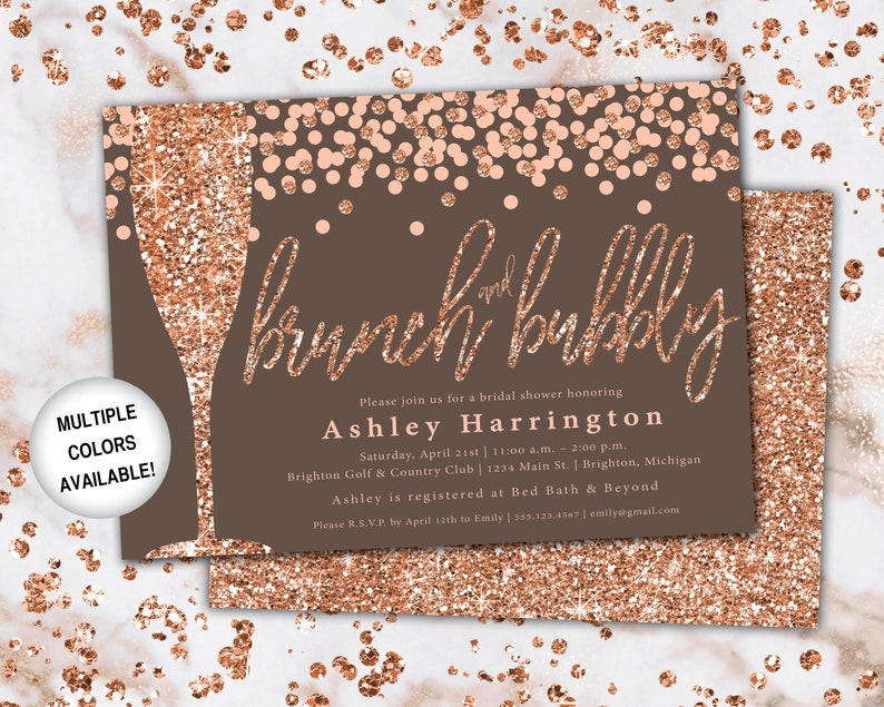 Brunch and Bubbly Bridal Shower Invitation Rose Gold and Navy Brunch & Bubbly Invitation Glitter Brunch and Bubbly with Champagne image 9
