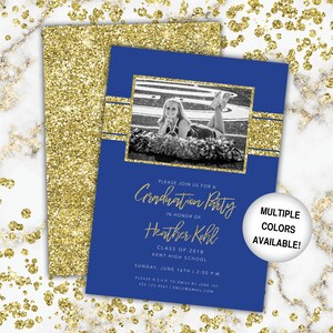 Blue and Gold Graduation Party Invitation | Gold Glitter Graduation Party Invitation with Photos | Navy and Gold Class of 2019 Invitation