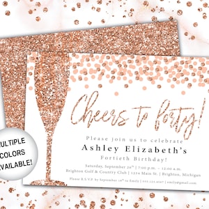 Cheers to 40 Invitation Rose Gold Champagne | 40th Birthday Invitation Template Rose Gold Glitter | Rose Gold Invitation Cheers to Forty