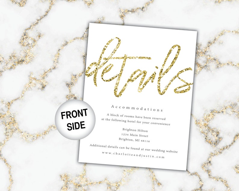 Gold Wedding Details Cards Wedding Details Insert Gold Glitter Wedding Details Piece for Invitations Gold and White Marble Wedding image 3