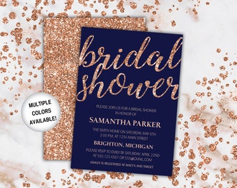 Rose Gold and Navy Bridal Shower Invitation | Bridal Shower Invitation Template Rose Gold | Wedding Shower Invitation | Rose Gold Glitter