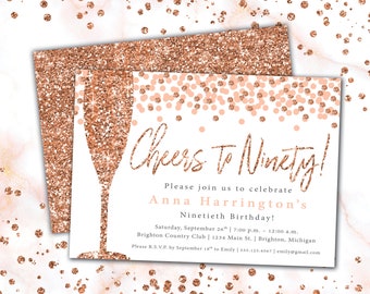 Cheers to 90 Invitation Rose Gold Champagne | 90th Birthday Invitation Template Rose Gold Glitter | Rose Gold Invitation Cheers to Ninety