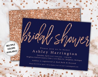 Rose Gold and Navy Bridal Shower Invitation | Bridal Shower Invitation Template Rose Gold | Wedding Shower Invitation | Printable Shower