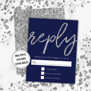 Navy and Silver Reply Cards | Wedding Reply Cards Black and Navy Glitter | Wedding RSVP Card Invitations Printable Template