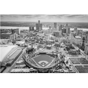 Comerica Park Black and White Aerial View Photo | Tigers Stadium Aerial Landscape Photography | Downtown Detroit Tigers Stadium Photograph