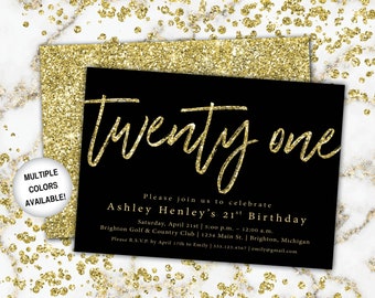 21st Birthday Invitation Black and Gold | Twenty First Birthday Invitation Template Gold Glitter | Black and Gold Twenty First Invitation