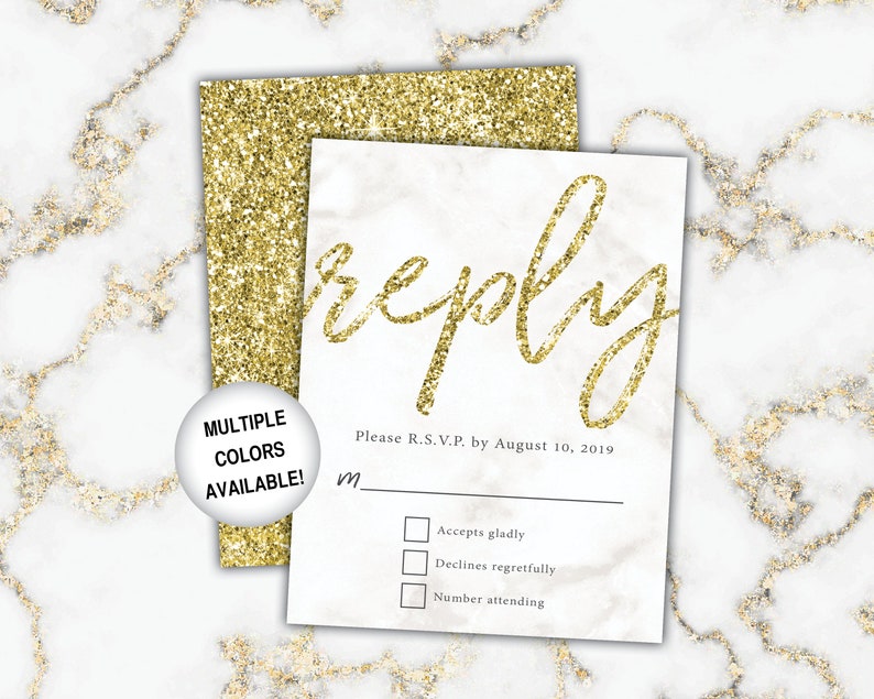 Gold Wedding Reply Cards Wedding RSVP Cards Gold and White Marble Gold Marble Wedding Reply Cards with Invitations Gold Wedding RSVP image 1