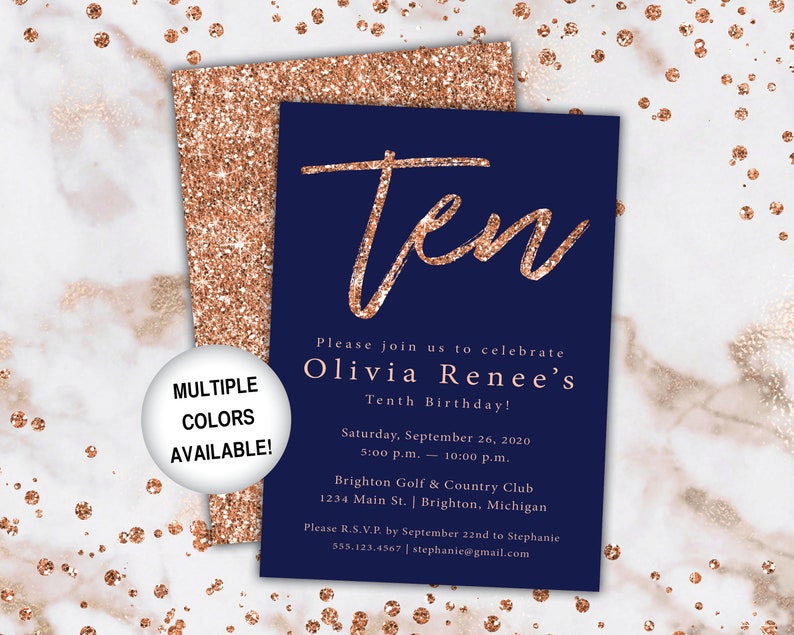 10th Birthday Invitation Rose Gold Tenth Birthday Invitation Template Rose Gold Rose Gold 10th Birthday Invitation Party Invite image 10