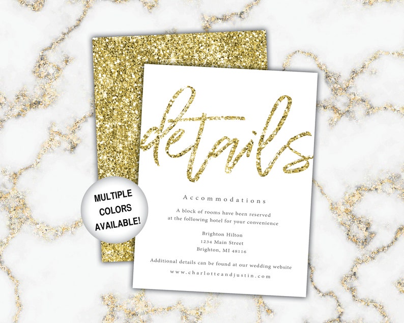 Gold Wedding Details Cards Wedding Details Insert Gold Glitter Wedding Details Piece for Invitations Gold and White Marble Wedding image 8