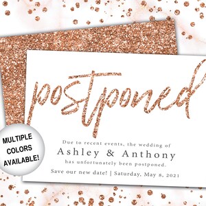 Rose Gold Postponed Date Announcements | Postponed Invitations Rose Gold Glitter | Postponed Wedding Announcement Template | New Date Invite