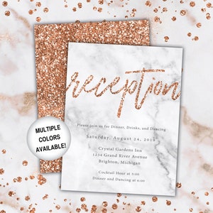 Rose Gold Reception Cards Wedding Reception Cards Rose Gold Glitter Wedding Reception Invitations Wedding Reception Template Card image 1