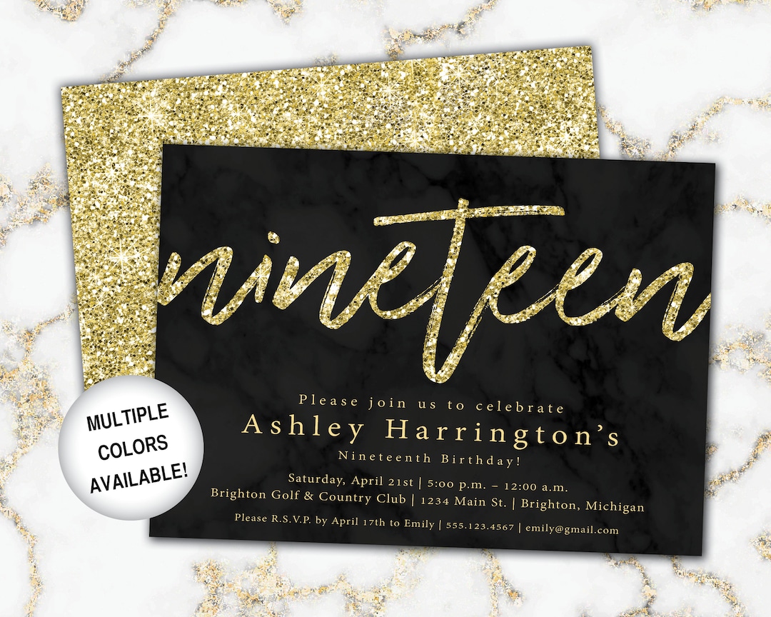 19th Birthday Invitation Gold Glitter | Nineteenth Birthday Invitation ...