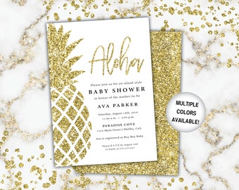 Gold Pineapple Baby Shower Invitation | Aloha Baby Shower Invitation Gold Glitter | Beach Baby Shower Invite | Gold Glitter Pineapple