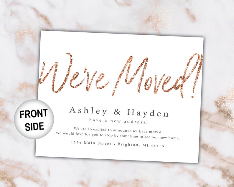 Rose Gold New Address Card Announcements We've Moved Announcements Rose Gold Glitter Printable New Address Card Template With Glitter image 3