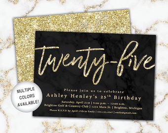 25th Birthday Invitation Black and Gold | Twenty Fifth Birthday Invitation Template Gold Glitter | Black and Gold Twenty Fifth Invitation