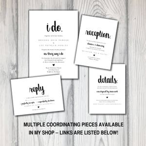 May include: A set of four black and white wedding invitation cards with calligraphy text. The cards include the details for the ceremony, reception, and RSVP. The text includes the names Brooke Erin Parker and Lee Patrick Henley, the date August 11, 2018, and the location Brighton, Michigan.