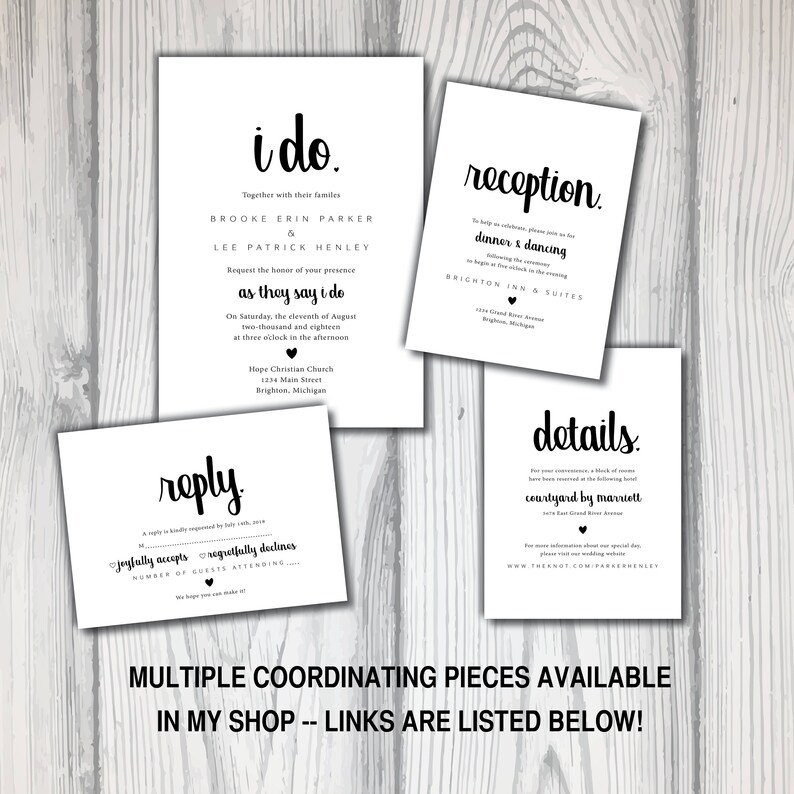 May include: A set of four black and white wedding invitation cards with calligraphy text. The cards include the details for the ceremony, reception, and RSVP. The text includes the names Brooke Erin Parker and Lee Patrick Henley, the date August 11, 2018, and the location Brighton, Michigan.