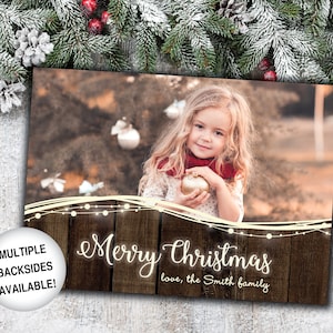 Rustic Christmas Card with Photo | Christmas Card Photo | Christmas Card Rustic Wood String Lights | Christmas Card Template