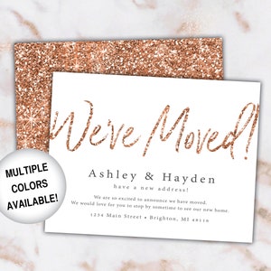 Rose Gold Nieuwe adreskaart aankondigingen |  We hebben aankondigingen verplaatst Rose Gold Glitter | Afdrukbare nieuwe adreskaart sjabloon met glitter