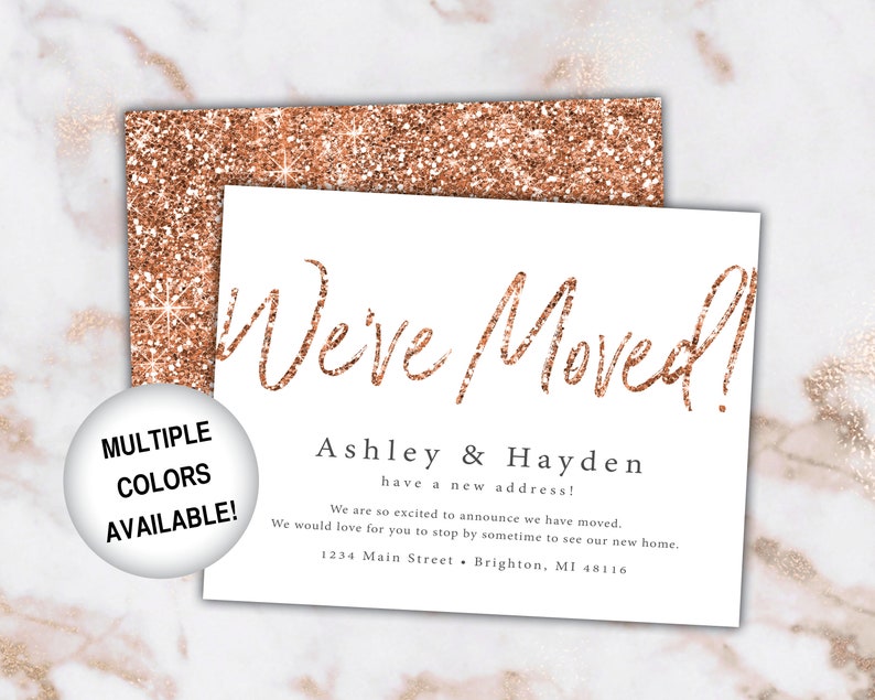 Rose Gold New Address Card Announcements We've Moved Announcements Rose Gold Glitter Printable New Address Card Template With Glitter image 1