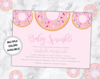 Donut baby strooi uitnodiging voor meisje | Meisje baby strooi uitnodiging met donuts | Afdrukbare baby strooi uitnodiging | Strooi donuts
