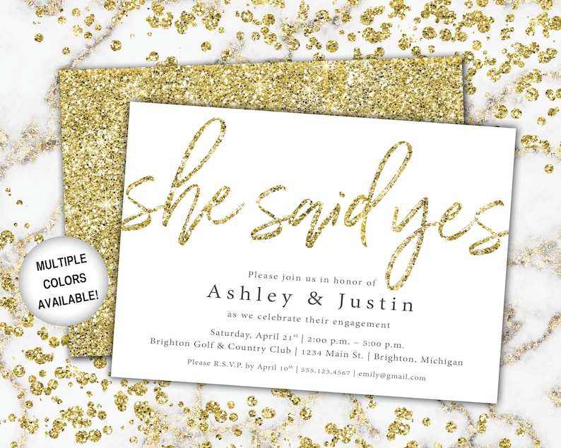 Gold Engagement Party Invitation She Said Yes Invitation Template Gold Glitter She Said Yes Gold Engagement Party Invitations Gold image 1