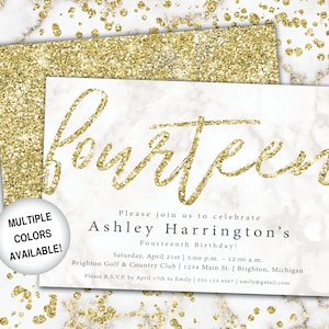 14th Birthday Invitation Gold Glitter | Fourteenth Birthday Invitation Template Gold | Gold 14th Birthday Invitation | Party Invitation