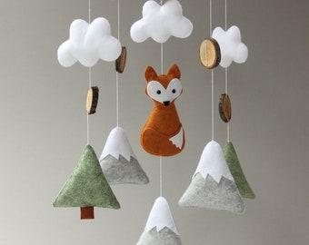 Handmade Nursery Mobile Decor in White and Gray Joliecraft Woodland Safari Musical Baby Crib Mobile