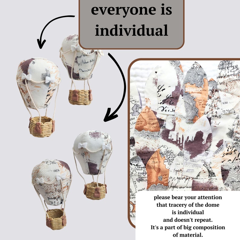 May include: Three white fabric hot air balloons with brown wicker baskets. Each balloon has a unique design of black and brown printed text and patterns. The text on the balloons includes the words "everyone is individual" and "please bear your attention that tracery of the dome is individual and doesn't repeat. It's a part of big composition of material."