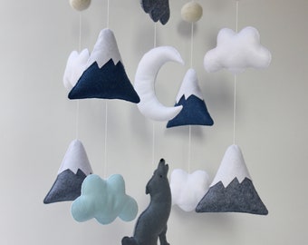 wolf baby mobile woodland mobile mountain mobile navy baby mobile baby shower gift wolf art Christmas baby shower gift
