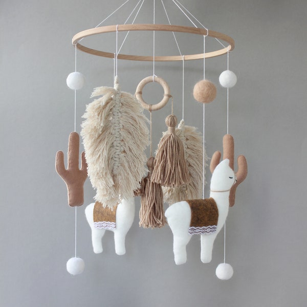 Llama mobile, Boho nursery, Cactus baby mobile, Southwest nursery, Mobile neutral, Llama decor, Newborn gift, Desert crib mobile