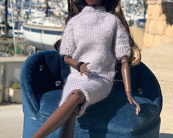 Cozy realistic handmade clothes for 11" Fashion Doll: Grey Knitted Sweater and Skirt Set & Rebellious Crochet Cotton Top Gift for Collector