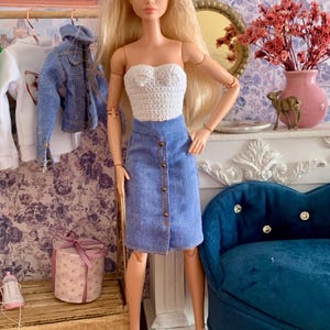 Set of Handmade Knee-Length Skirts for 30 cm Fashion Dolls – Corduroy & Upcycled Cotton - Casual Realistic Clothes for Doll image 9