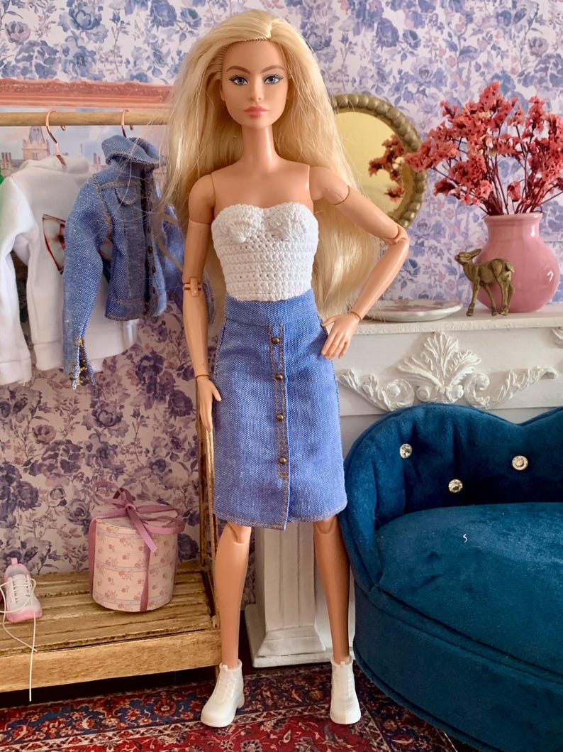 Set of Handmade Knee-Length Skirts for 30 cm Fashion Dolls – Corduroy & Upcycled Cotton - Casual Realistic Clothes for Doll image 9