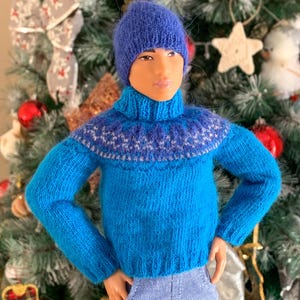 Hand Knitted Nordic Blue Sweater, Beanie & Jeans Set - Realistic Outfit for Male 16 Scale Fashion Doll/Figure Fisherman Gift for Collector