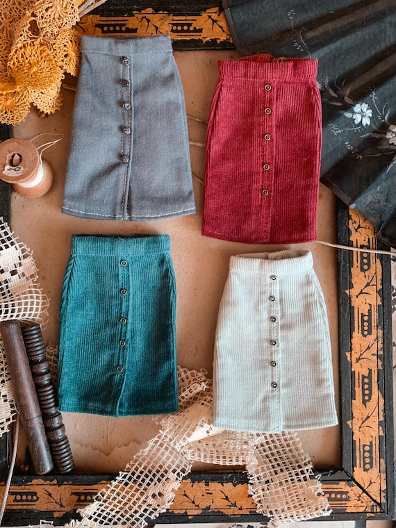 Set of Handmade Knee-Length Skirts for 30 cm Fashion Dolls – Corduroy & Upcycled Cotton - Casual Realistic Clothes for Doll