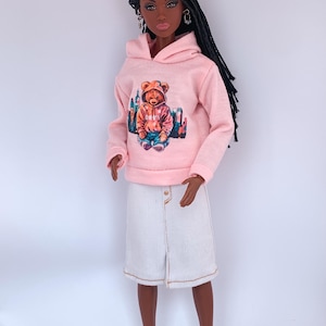 Handmade Realistic Clothes for 11,5” Fashion Doll Pink Bear Hoodie & White Recycled Denim Skirt 1/6 scale - Gift for Granddaughter for Girl