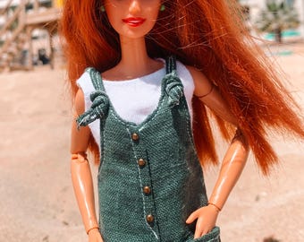 Boho Green, Red, Brown &Blue Linen Short Overalls with Realistic Look for 11,5 inch Fashion Doll Cottagecore Outfit for Doll Handmade