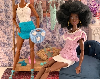 Realistic Spring Clothes for 1 6 scale Fashion Doll  - Crochet Cotton Top & Knit Skirt Sets