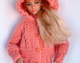 Pink Cardigan with Hood for 11,5 inch Fashion Doll Spring Realistic Hand Knitted Clothes 1 6 scale -Spring Easter Handmade Gift for Friend
