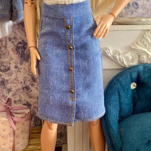 Set of Handmade Knee-Length Skirts for 30 cm Fashion Dolls – Corduroy & Upcycled Cotton - Casual Realistic Clothes for Doll Blue Denim Skirt