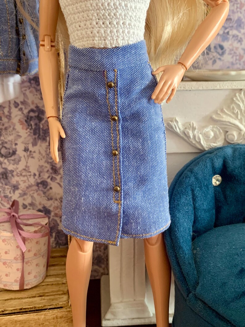 Set of Handmade Knee-Length Skirts for 30 cm Fashion Dolls – Corduroy & Upcycled Cotton - Casual Realistic Clothes for Doll Blue Denim Skirt