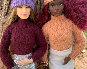 Conjunto de suéter y gorro tejidos a mano para muñecas de moda a escala 1/6.