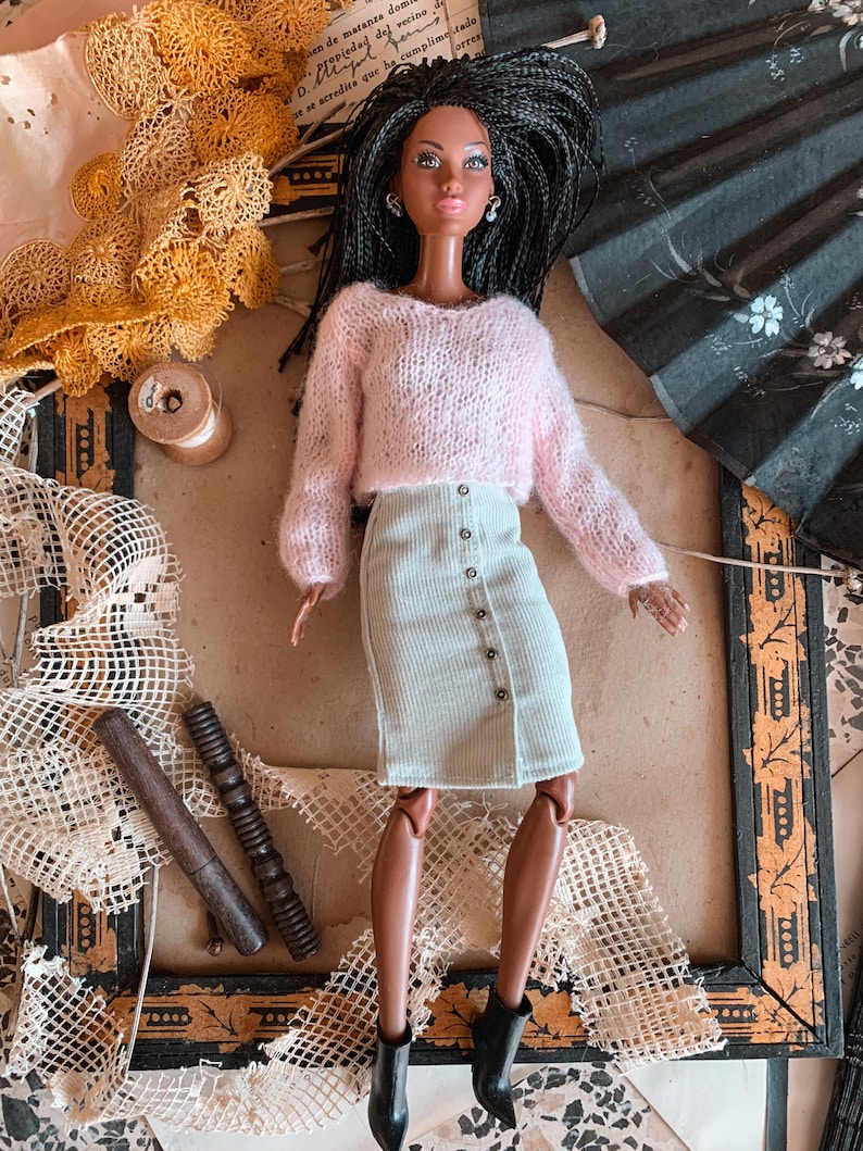Set of Handmade Knee-Length Skirts for 30 cm Fashion Dolls – Corduroy & Upcycled Cotton - Casual Realistic Clothes for Doll image 6