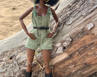 Boho Green Linen Short Overalls with Realistic Look for 11,5 inch Fashion Doll Cottagecore Outfit for Doll Handmade