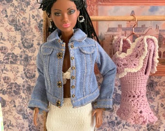 Handmade Denim Jacket for 11.5" Fashion Dolls, Barbie Doll Clothes, Cropped Doll Jean Jacket, Miniature Doll Outfit Collector Doll Accessory