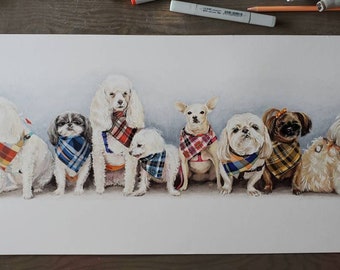 8 Pets Portrait, Multiple Pet Portrait, 12x20-22in