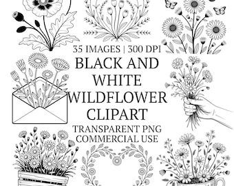 Bundle de cliparts noir et blanc PNG, 35 dessins floraux au trait, croquis de fleurs botaniques, travaux manuels en papier, journal indésirable