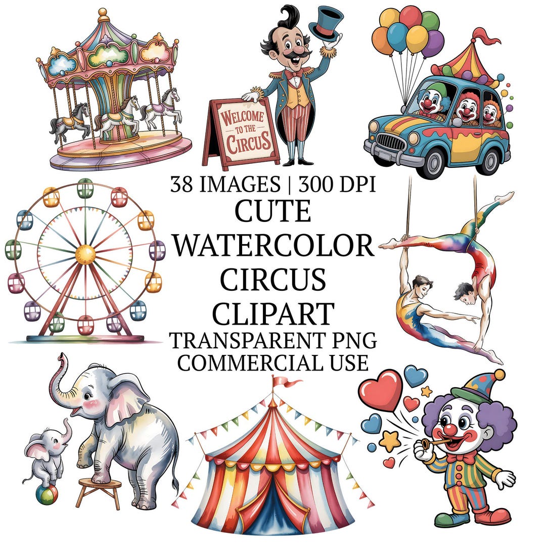 Cute Watercolor Circus Clipart Bundle PNG, 38 Whimsical Carnival Clip ...